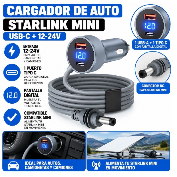 &ua CARGADOR AUTO PARA STARLINK MINI + 1 TIIPO C CAMION 24V